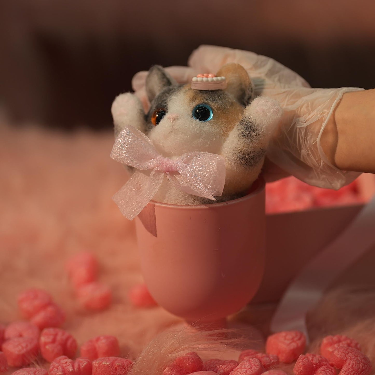 Adorable Calico Squishy Cat Toy with Pink Bow and Binky^^