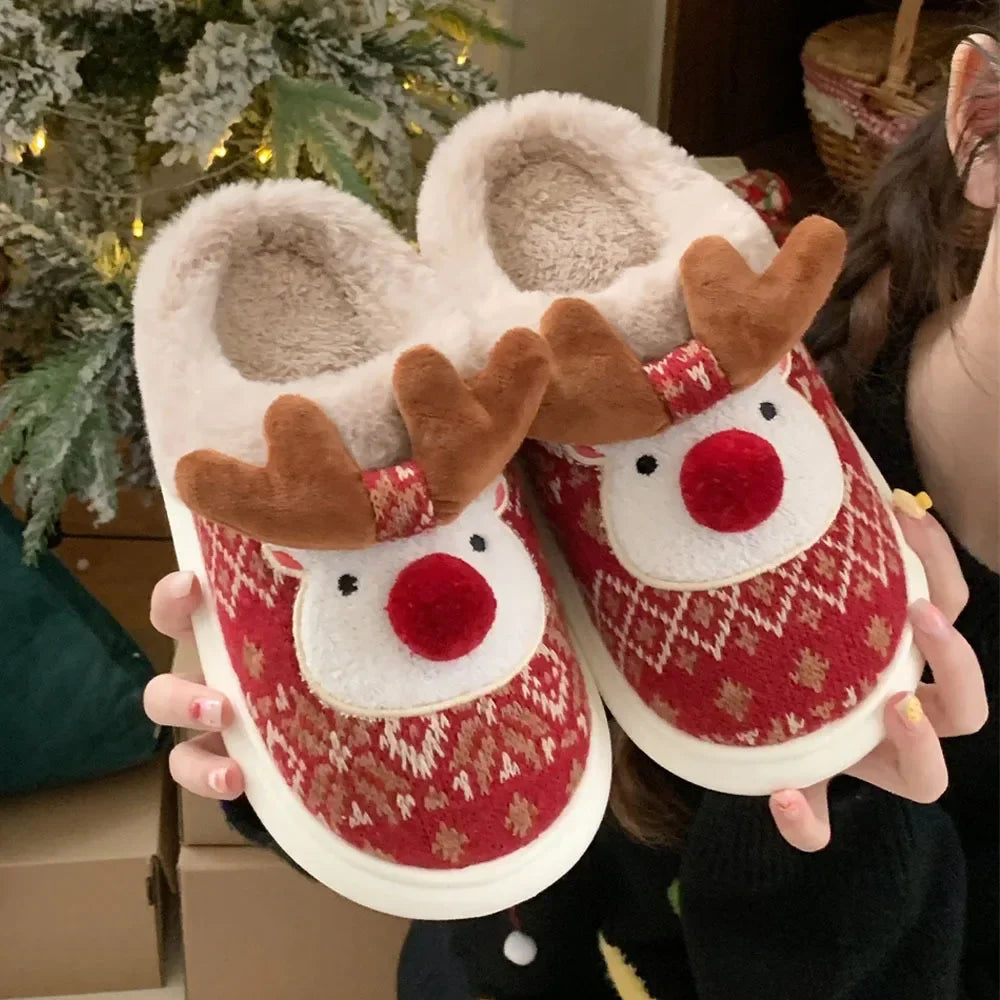 2024 New Christmas Cotton Slippers For Woman Cute Cartoon Deer Anti-slip Girls Indoor Home Floor Shoes Fashion Party Slides