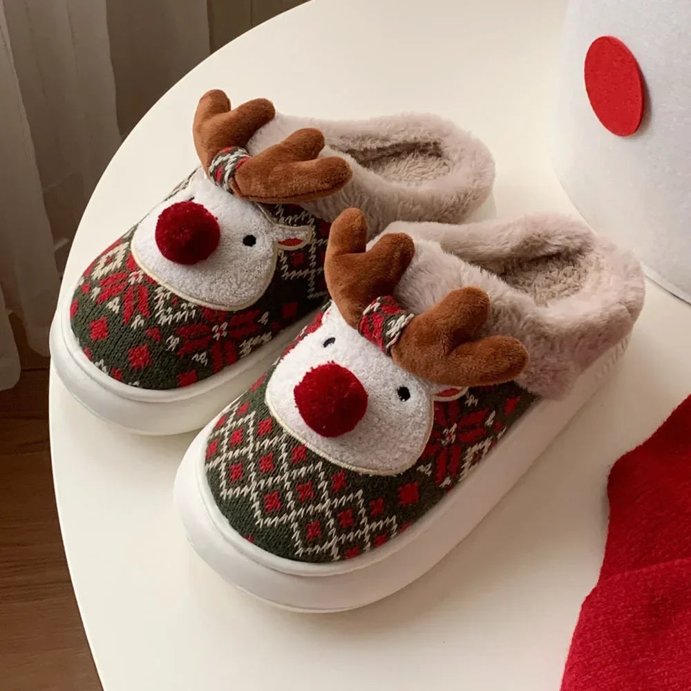 2024 New Christmas Cotton Slippers For Woman Cute Cartoon Deer Anti-slip Girls Indoor Home Floor Shoes Fashion Party Slides