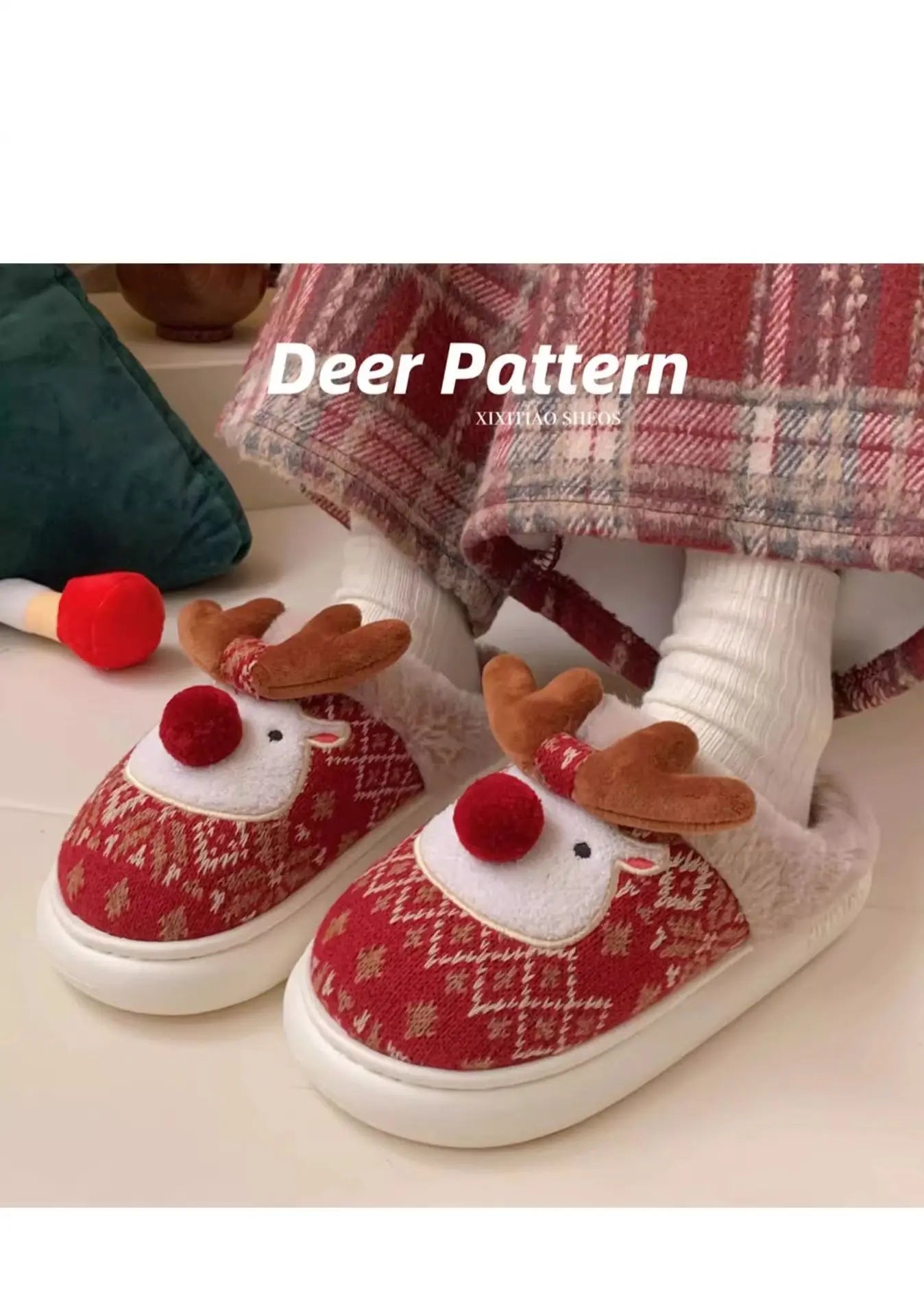 2024 New Christmas Cotton Slippers For Woman Cute Cartoon Deer Anti-slip Girls Indoor Home Floor Shoes Fashion Party Slides