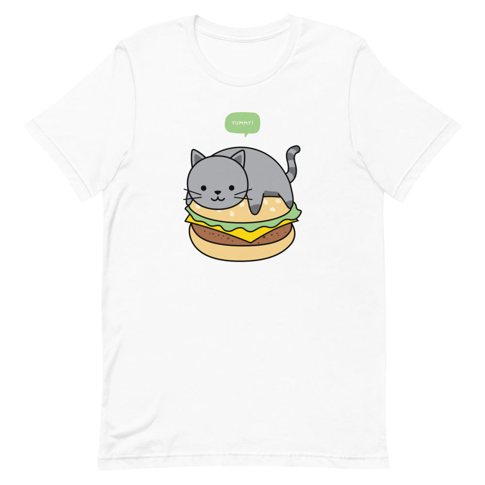 cozyfunky white yummy burger cat short sleeve unisex t-shirt