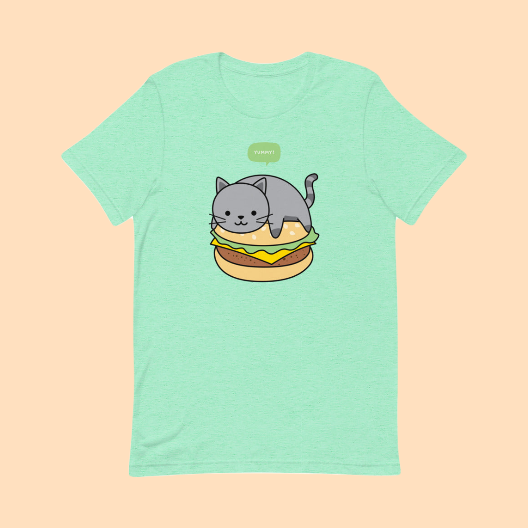 Funny Burger Cat Eating Hamburger Graphic Print on Soft Cotton T-Shirt - CozyFunky Unisex Design