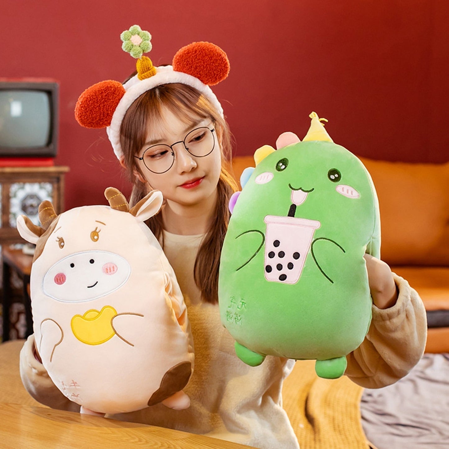 Cute Boba Dinosaur Hand Warmer Pillow