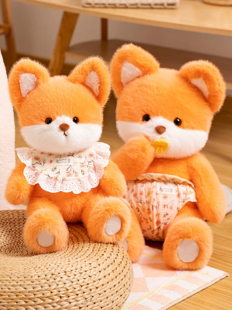 Adorable Fox Plush Set: Baby and Toddler Duo with Bib & Diaper